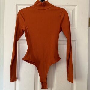 Lulus | Burnt Orange, Long-Sleeve, Ribbed Turtleneck Bodysuit (Size Medium)